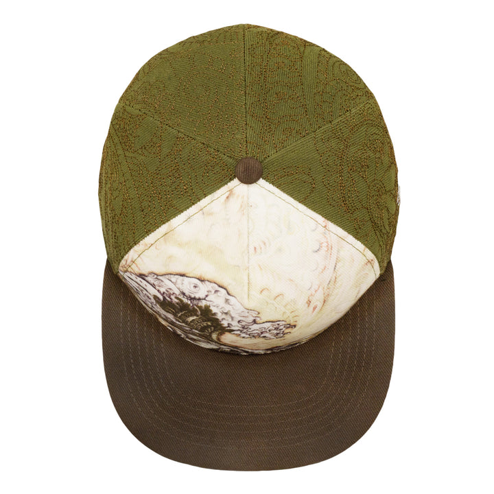 Top view of fitted hat with olive panels, wave-print front, and brown brim