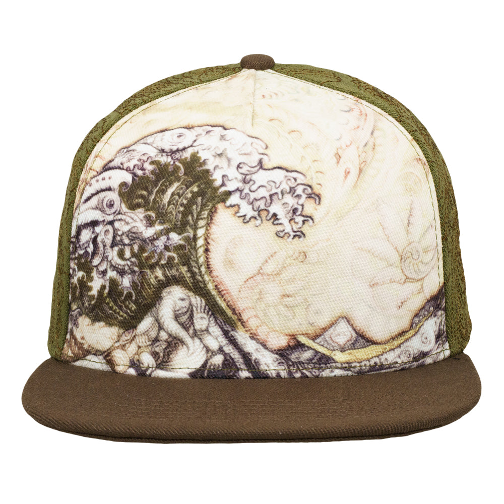Front view of fitted hat featuring Great Wave artwork and a brown flat brim
