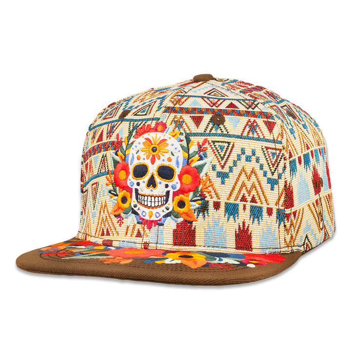 Brown snapback hat with white aztec print and colorful sugar skull graphic