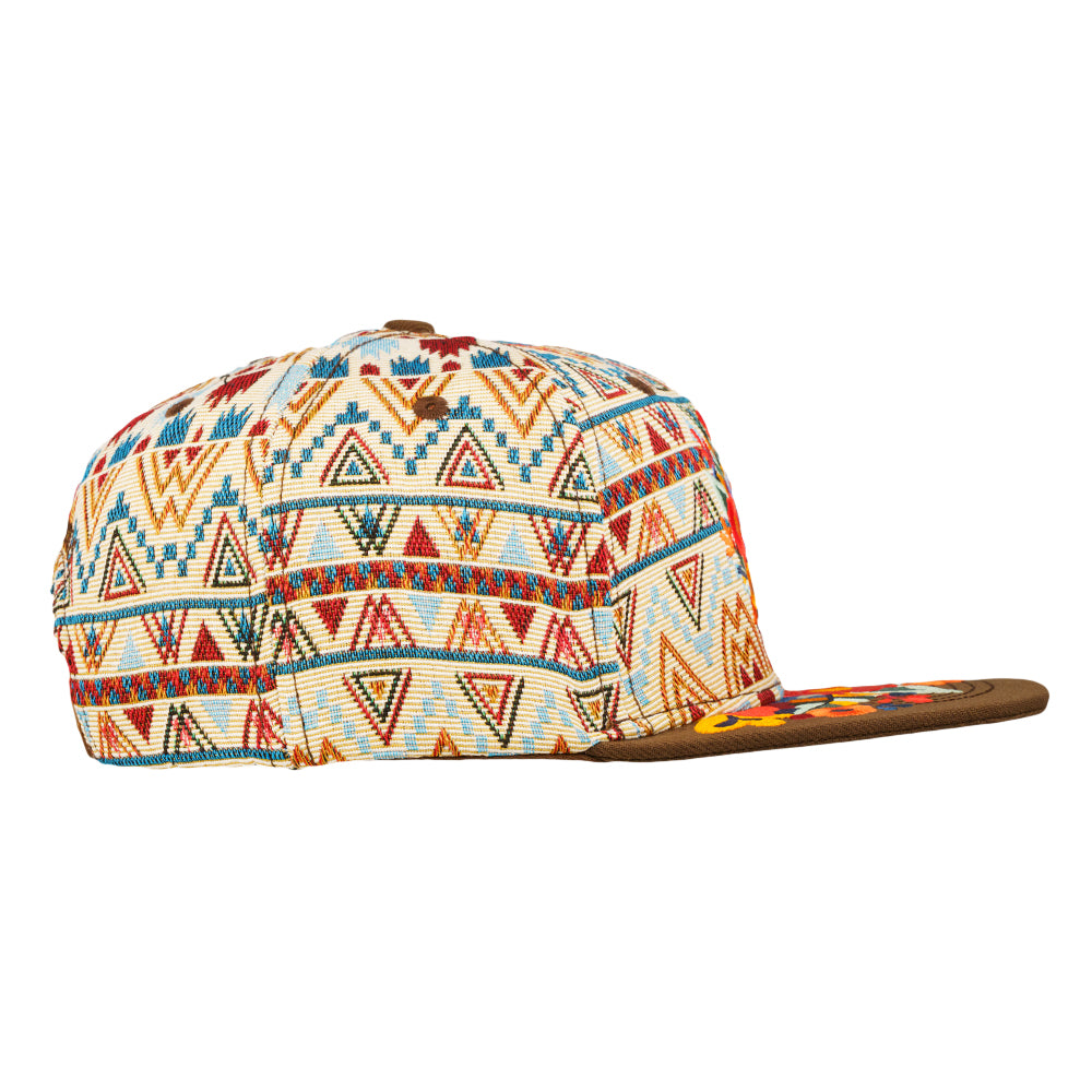 Brown snapback hat with white and multicolor aztec pattern, side view