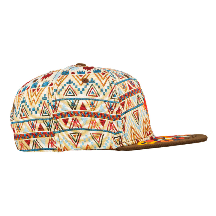 Brown snapback hat with white and multicolor aztec pattern, side view
