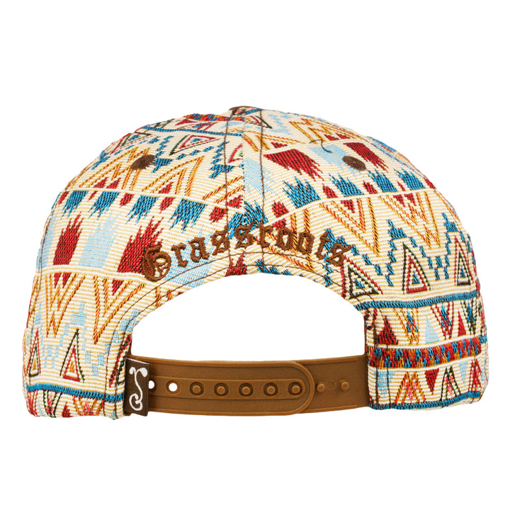 Brown snapback hat top view with aztec print and brown leather-look strap