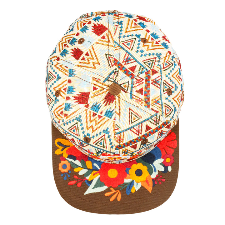 Brown snapback hat back with floral orange embroidery and aztec crown print
