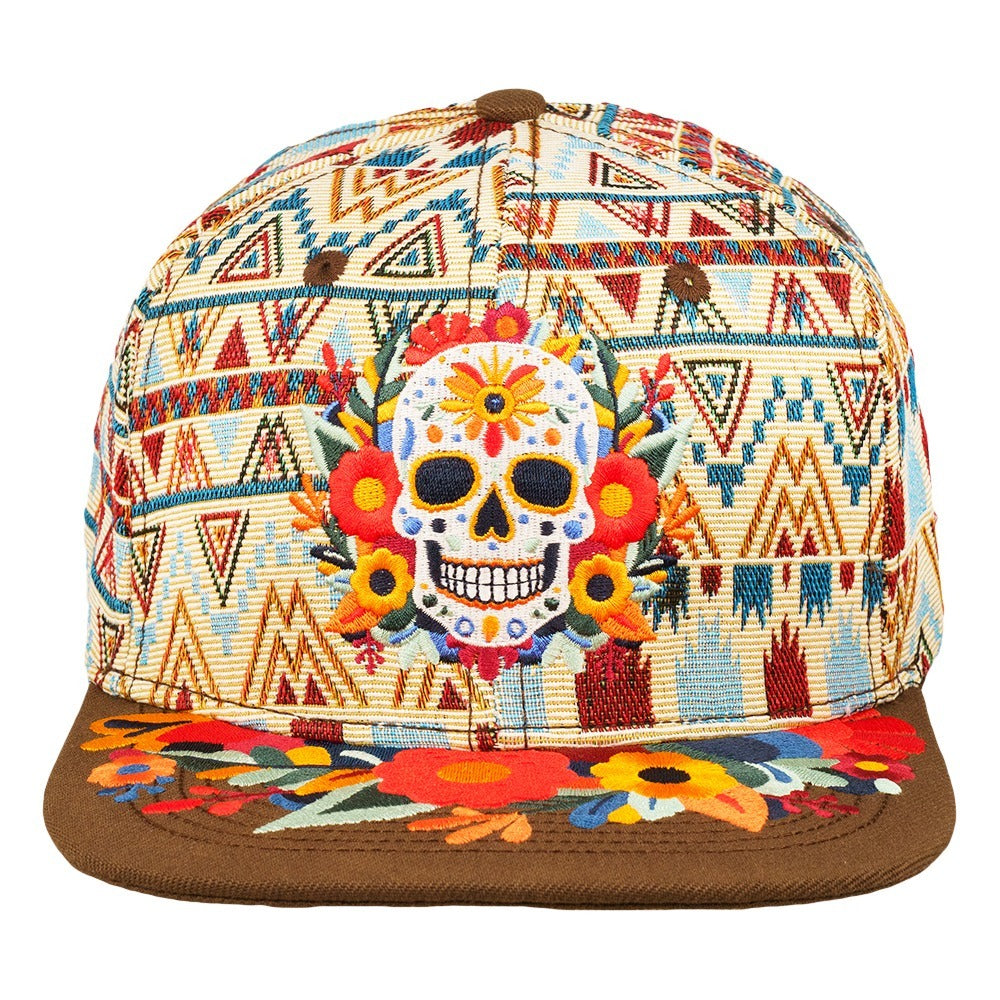 Brown snapback hat with sugar skull and aztec pattern, colorful embroidered brim