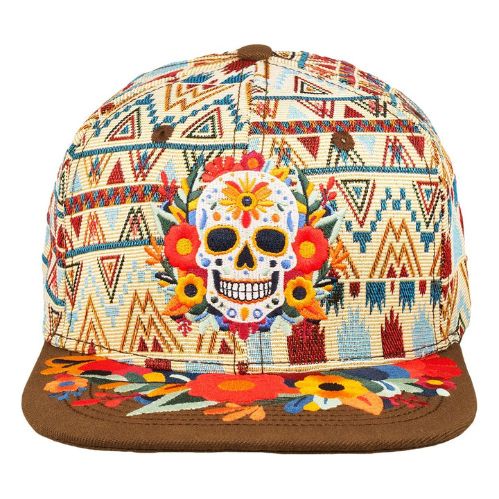 Brown snapback hat with sugar skull and aztec pattern, colorful embroidered brim