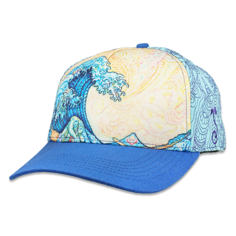 Blue snapback hat with a Great Wave print across the front panels and a solid blue brim