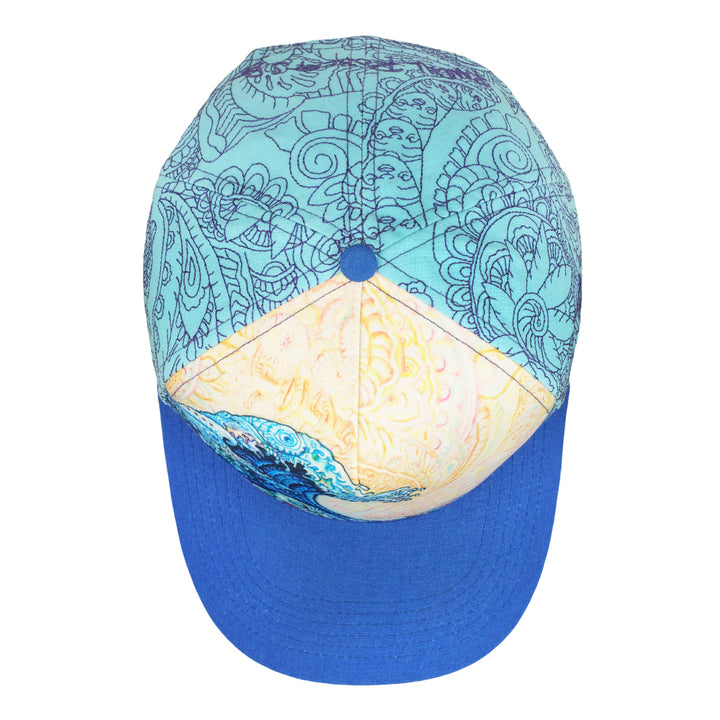 Top view of snapback hat showing blue patterned panels, a pale printed panel, and blue brim