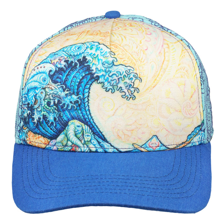 Front view of snapback hat with a Great Wave print and solid blue brim