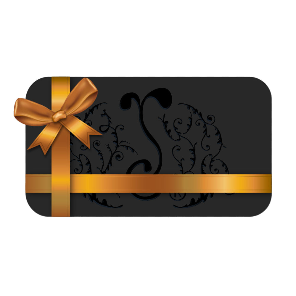 Gift card with black ornate design, gold ribbon and bow