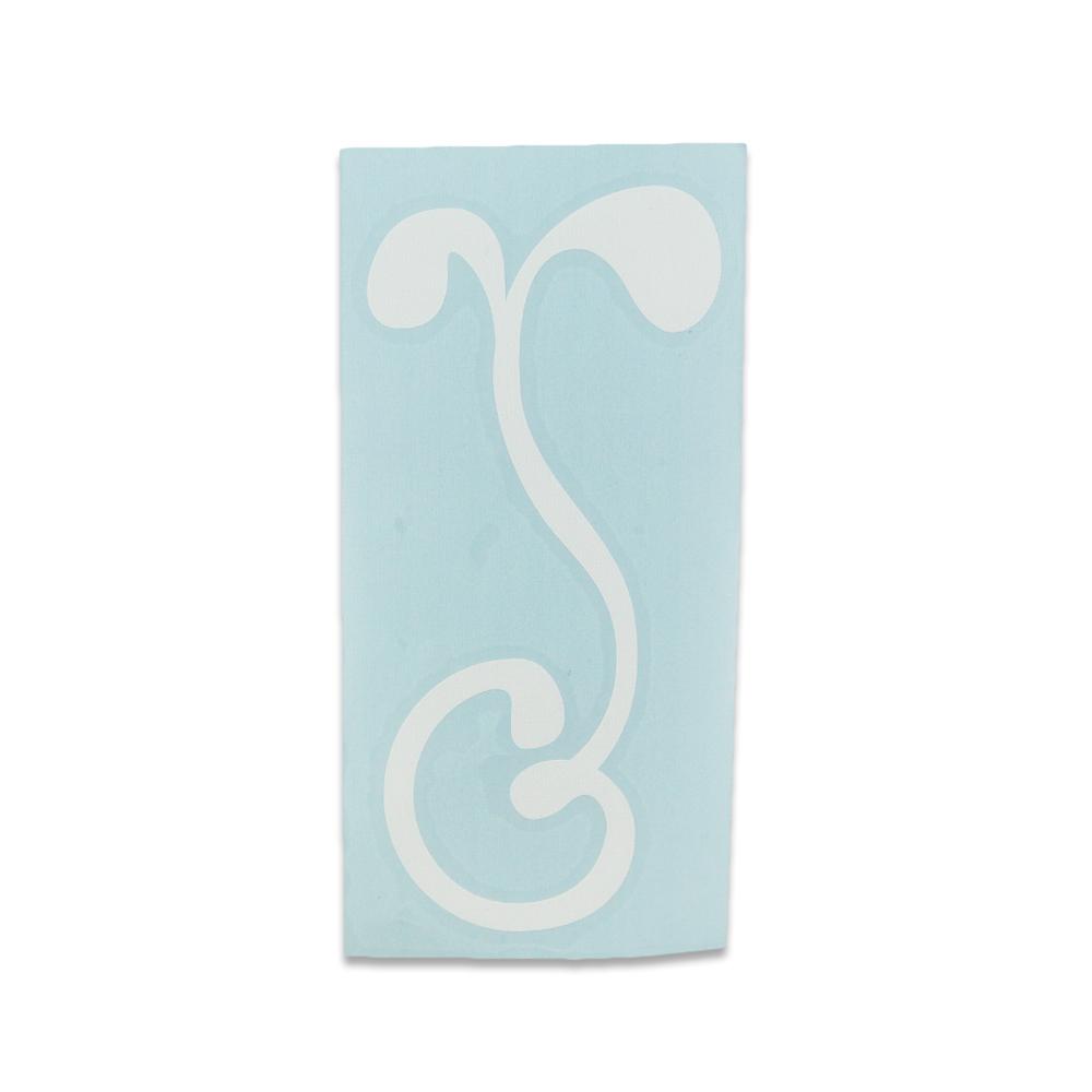 Kiss cut sticker with white letter S on light blue background