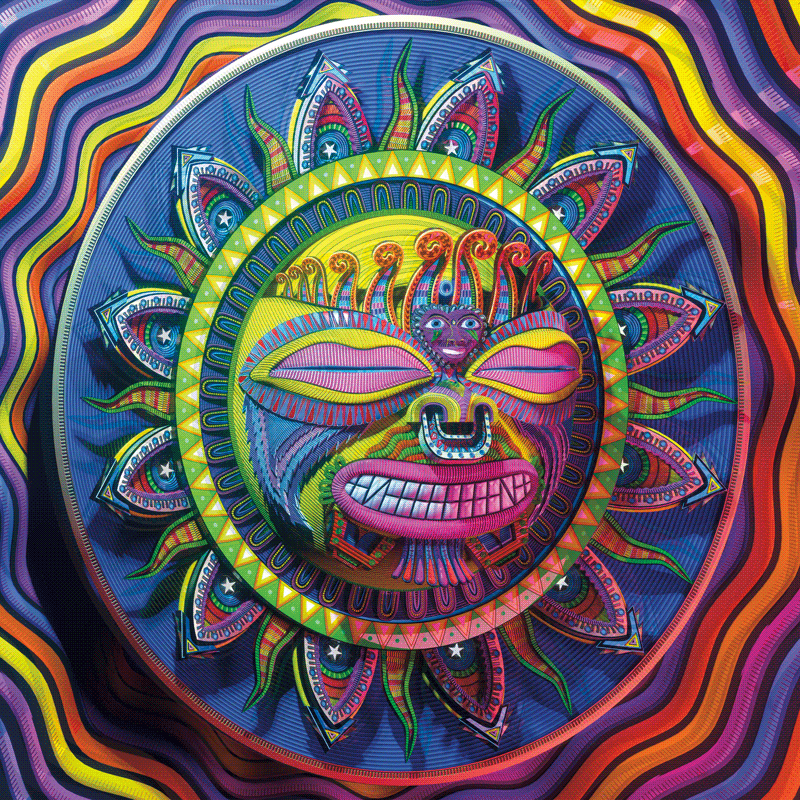 Hologram wall art with blue-green face, rainbow mandala, and smiling mouth pattern